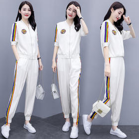 WZNH-ANY216新品钉珠棒球服外套+撞色彩条纹束脚裤两件套