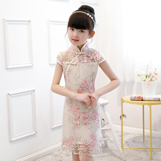 CHT-LS-110中国风女童旗袍裙 夏季薄款小女孩儿童古筝演出服 商品图3
