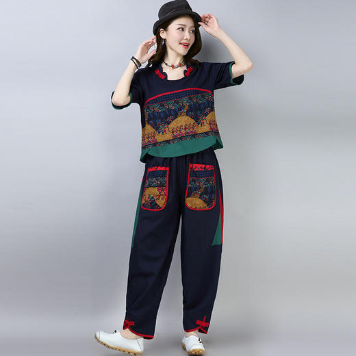 MQ-TZ217夏季新款棉麻大码复古撞色拼接花布文艺两件套YY 商品图1