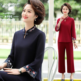 XK-XHR18810妈妈装2020新品 时尚绣花休闲九分袖两件套装