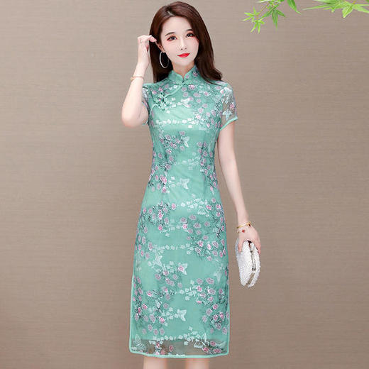 YWE-20A21气质复古修身短袖印花连衣裙 商品图1