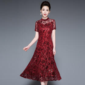 YZL-222中式气质丝绒烧花两件套连衣裙妈妈装