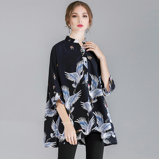CTH-7113胖mm大码女新款上衣仙鹤印花宽松200斤大码衬衫 商品图1