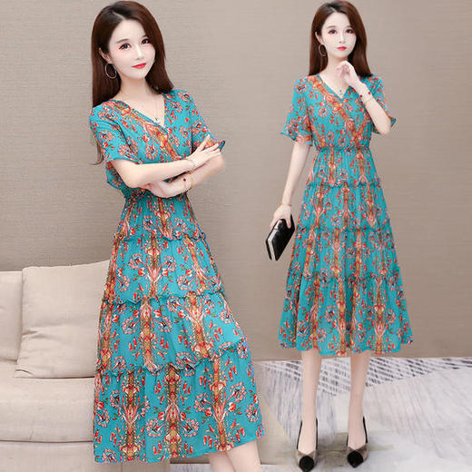 YWE-C20A18印花时尚气质修身显瘦中长款连衣裙 商品图0