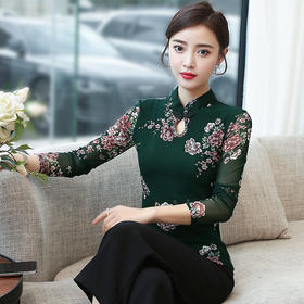 JL-571新款民族风立领 盘扣网纱蕾丝印花长袖女T恤