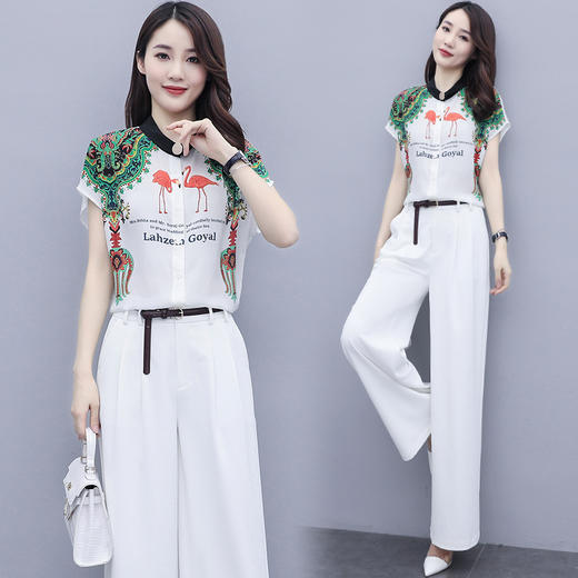 WZNH-QSLG9821（配腰带）2020新款高腰显瘦减龄职业印花色两件套 商品图2