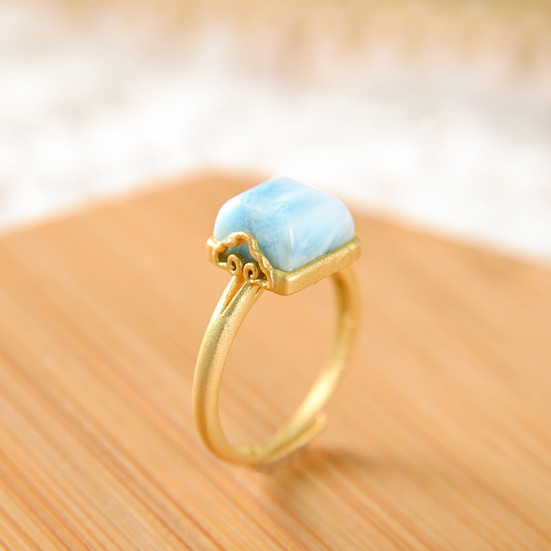 【风韵饰品】s925纯银镀金天然海纹石祥云简约戒指指环y1