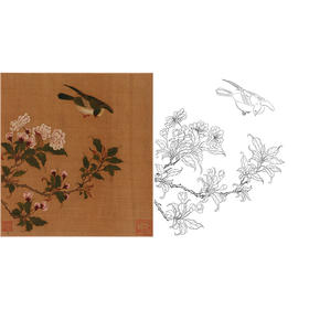 工笔画白描底稿明清花鸟《海棠飞禽图》斗方小品册页-多种白描尺寸可选-MQ03