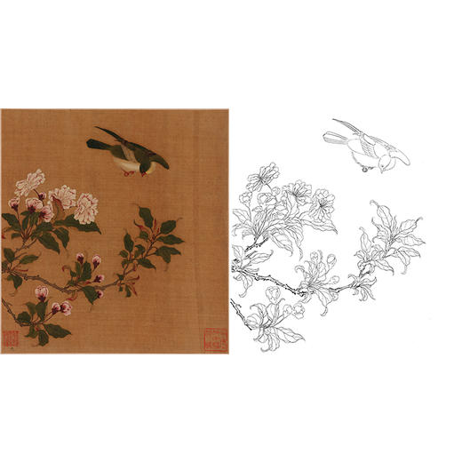 工笔画白描底稿明清花鸟《海棠飞禽图》斗方小品册页-多种白描尺寸可选-MQ03 商品图0