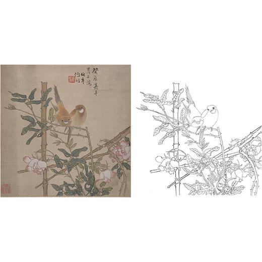 工笔画白描底稿明清花鸟 任伯年 花鸟图  斗方小品册页 MQ05 商品图0