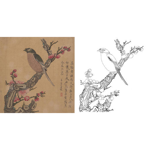 工笔画白描底稿明清花鸟 陈洪绶 梅花小鸟图 斗方小品册页 MQ01 商品图0