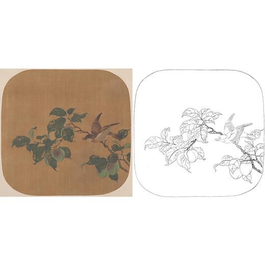 工笔画白描底稿明清花鸟小品-《折枝青桃山雀图》-多种白描尺寸可选-MQ11 商品图0