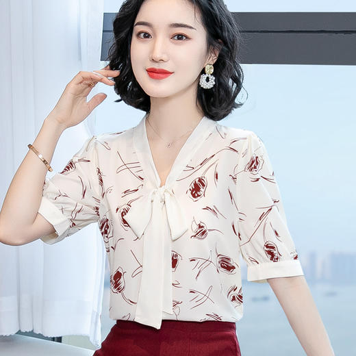 NYL-401019新款洋气短袖V领蝴蝶结大码雪纺衬衫 商品图1