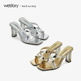 westory2020春夏新款金属色穆勒鞋女水晶粗跟凉拖鞋W29BJ60391