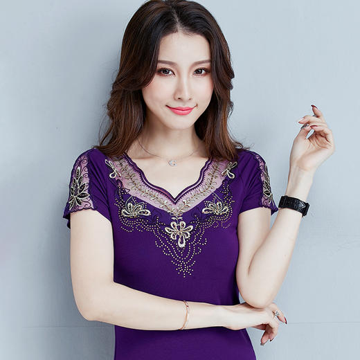 ZZ-DA3359夏新款大码女装绣花短袖棉t恤女上衣镶钻小衫 商品图2