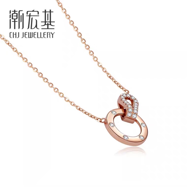 潮宏基/chj jewellery 悦己-星光 红18k金钻石项链锁骨链玫瑰金女礼物
