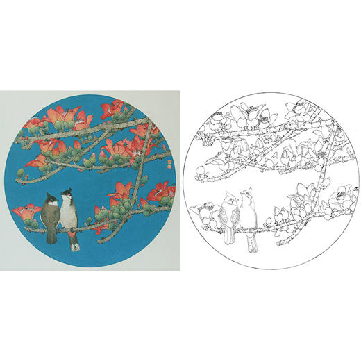 工笔画白描底稿 盘虎杰 圆形花鸟小品  HJ07 商品图0