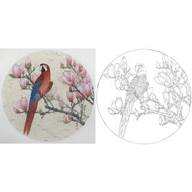 工笔画白描底稿 盘虎杰 圆形花鸟小品 玉兰鹦鹉 HJ04