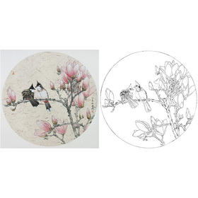工笔画白描底稿 盘虎杰 圆形花鸟小品 玉兰花 HJ02