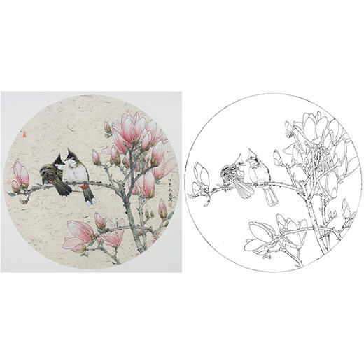 工笔画白描底稿 盘虎杰 圆形花鸟小品 玉兰花 HJ02 商品图0