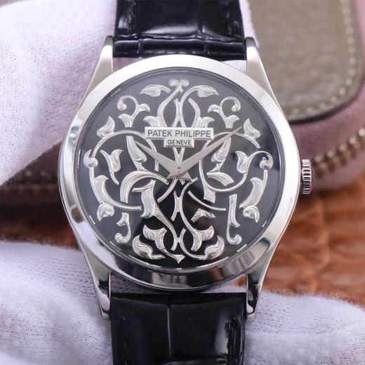 FL百达fei丽5088系列雕花腕表，表径38.6mm，以黑色搪瓷再饰以漩涡图案和藤蔓花纹，男士腕表，自动机械机芯，皮表带，透底。 商品图0