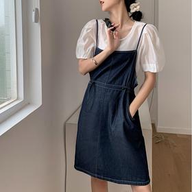 松紧高腰插袋牛仔吊带裙