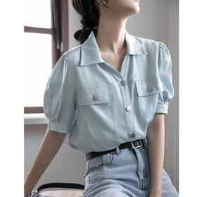 单排扣翻领直筒泡泡短袖牛仔衬衫