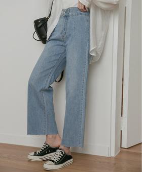 薄款高腰环扣直筒做旧牛仔长裤