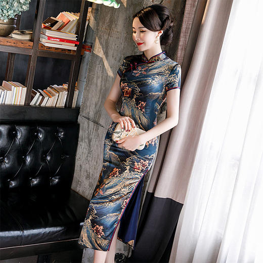 AA-9598新品中式桑蚕丝日常修身旗袍长款优雅短袖礼服 商品图0