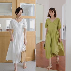 “两面穿”法式V领收腰绑带连衣裙