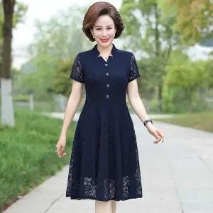 JXG-中年妈妈夏装短袖中长款网纱蕾丝纯色弹力修身裙 商品图3
