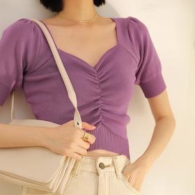温柔风抽褶短袖针织上衣