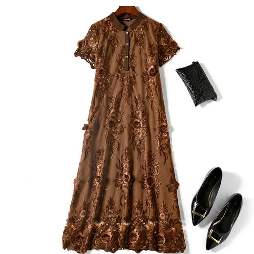 JSNH-JS8487高端中年网纱立体刺绣  中长款原创大码宽松版连衣裙 商品图4