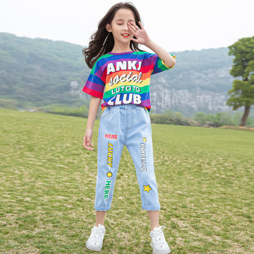 DK-DK2015女童夏新款洋气小女孩条纹短袖牛仔裤两件套 商品图1