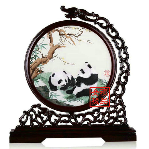 凯崎湘绣 双面绣熊猫图案客厅摆件 中国风纯手工刺绣 360度可旋转客厅办公室摆台 出国送礼 中国特色 商品图0
