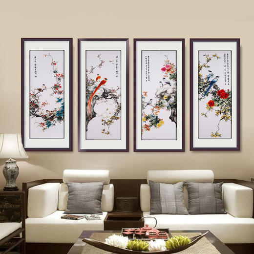 凯崎湘绣 四季花鸟四幅条屏精品刺绣 客厅挂画装饰画 颜伯龙花鸟四联白色错针绣 居家装饰书法挂画 商品图1