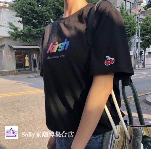 韩国潮牌kirsh樱桃彩虹闪闪字母logo短袖t恤