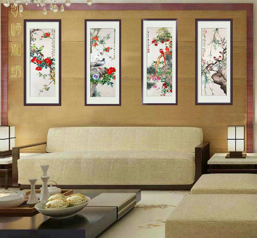 凯崎湘绣 四季花鸟四幅条屏精品刺绣 客厅挂画装饰画 颜伯龙花鸟四联白色错针绣 居家装饰书法挂画 商品图0