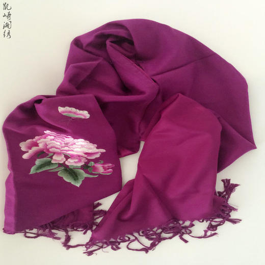 凯崎湘绣 围巾披肩 纯手工刺绣 布艺双层 男女长款绸缎 羊毛绒刺绣 礼品 送礼 妈妈款 商品图4