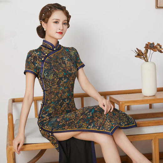 改良真丝长款，手工盘扣旗袍裙QC-1697962 商品图1