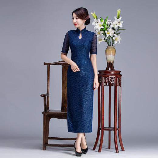 RY-9146日常复古，时尚高开衩礼服蓝色长款蕾丝旗袍 商品图0