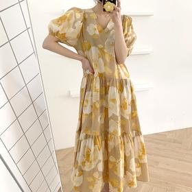 复古晕染花色V领连衣裙