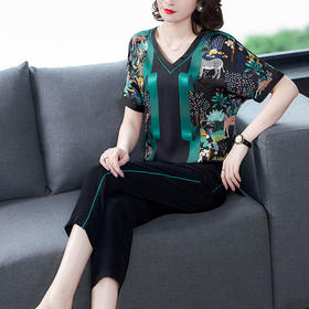 AHM-qyy9820夏新款贵夫人时尚印花T恤+小脚哈伦裤两件套