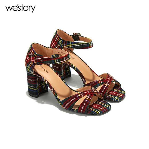 westory格纹粗跟一字带凉鞋百搭W282G60241 商品图1