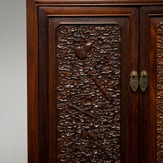 紫檀雕八仙八宝纹方角柜摆件（一对） 商品图1