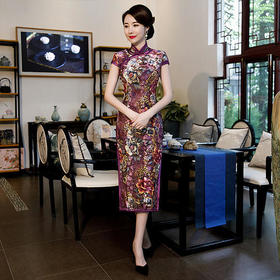 BJ-8003高贵优雅，烧花丝绒立领斜襟短袖婚宴礼服改良旗袍