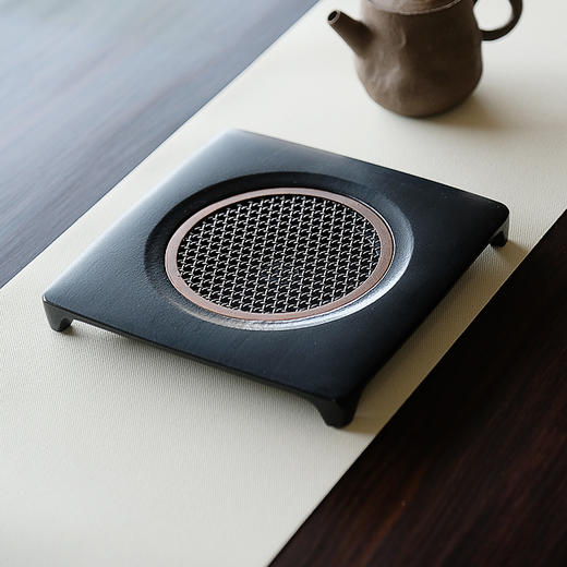 缘石台/小厝/壶承干泡盘 玉檀砚+手编铜 小茶盘16*16*2cm 商品图0