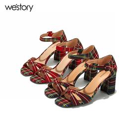 westory格纹粗跟一字带凉鞋百搭W282G60241