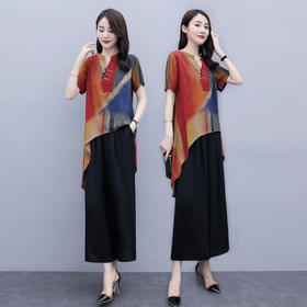 SJ-522大码洋气宽松遮肚阔太太阔腿裤两件套