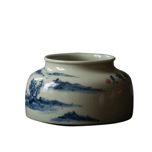 茶香记 青花山水马蹄樽建水360ml陶瓷手作仿古泥水盂茶桌零配家用 商品图4